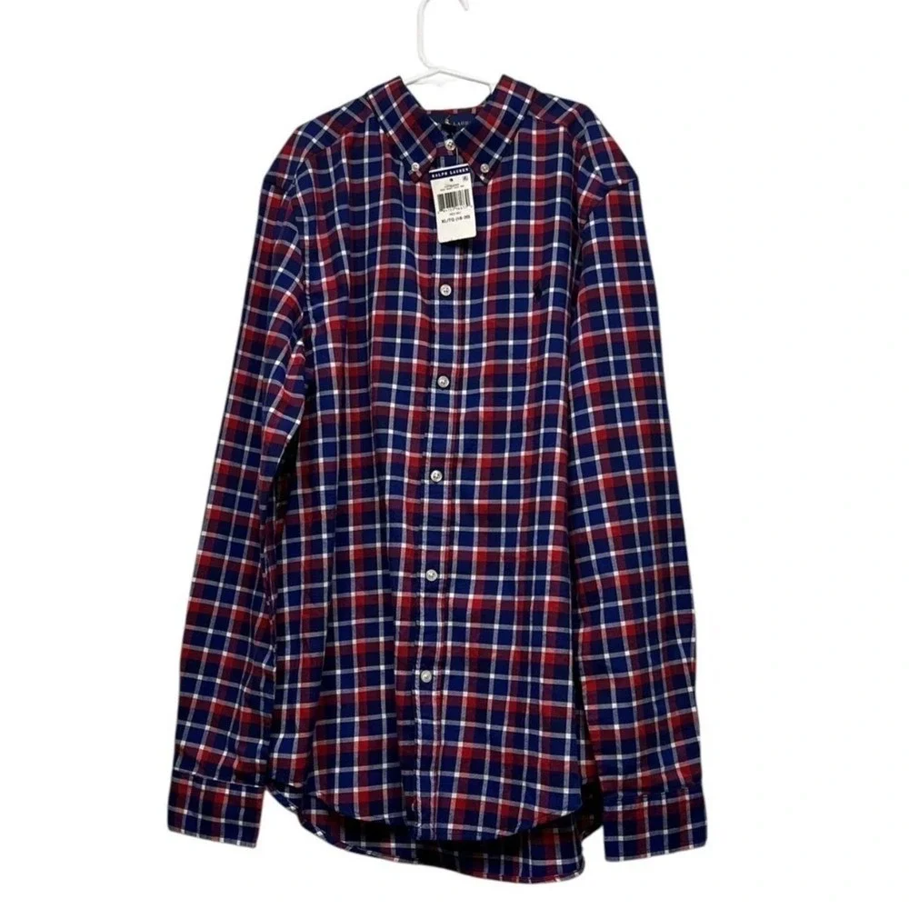 Ralph Lauren Boys XL Red White Blue Plaid Button Down Shirt Americana Preppy NEW